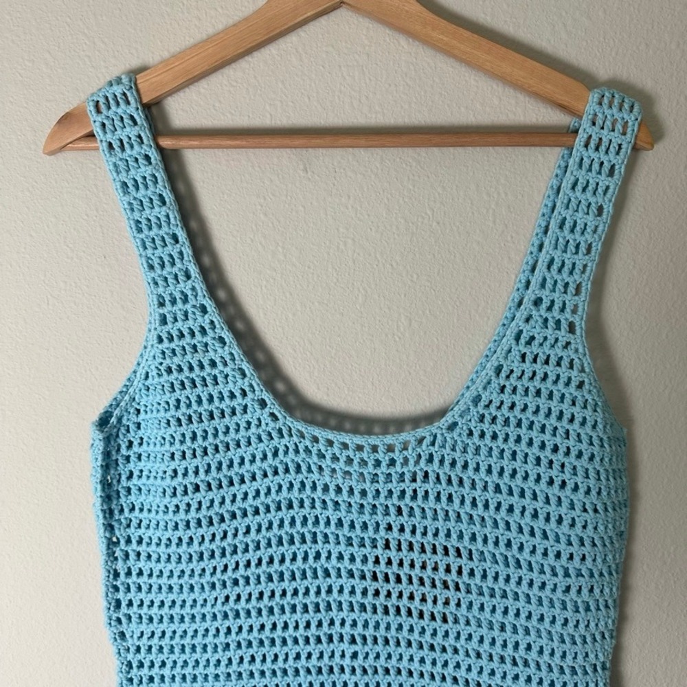 Burberry Blue Crochet Pom-Pom Trim Mini Dress Cover-Up NWT Womens M Beachy Boho - Picture 4 of 9